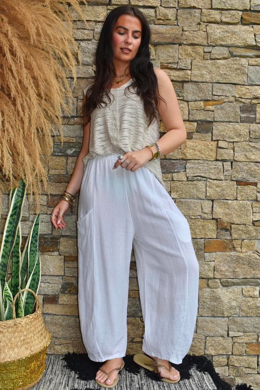 Lina Linen Blend Barrel Pant White